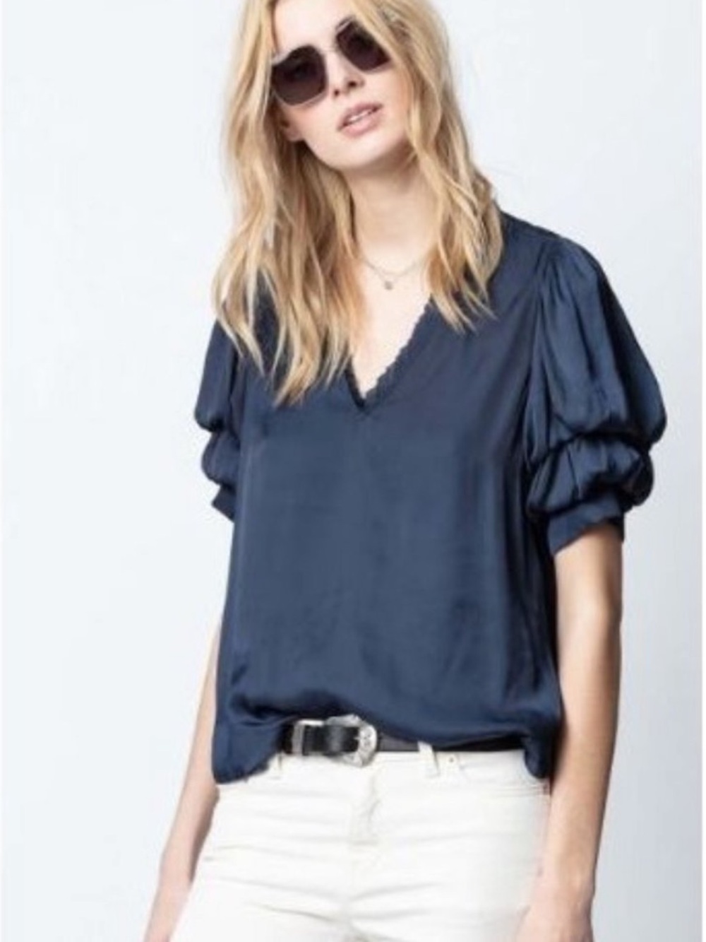 Zadig & Voltaire Taste Satin Blouse Size Small Navy Blue Short Sleeve V Neck
